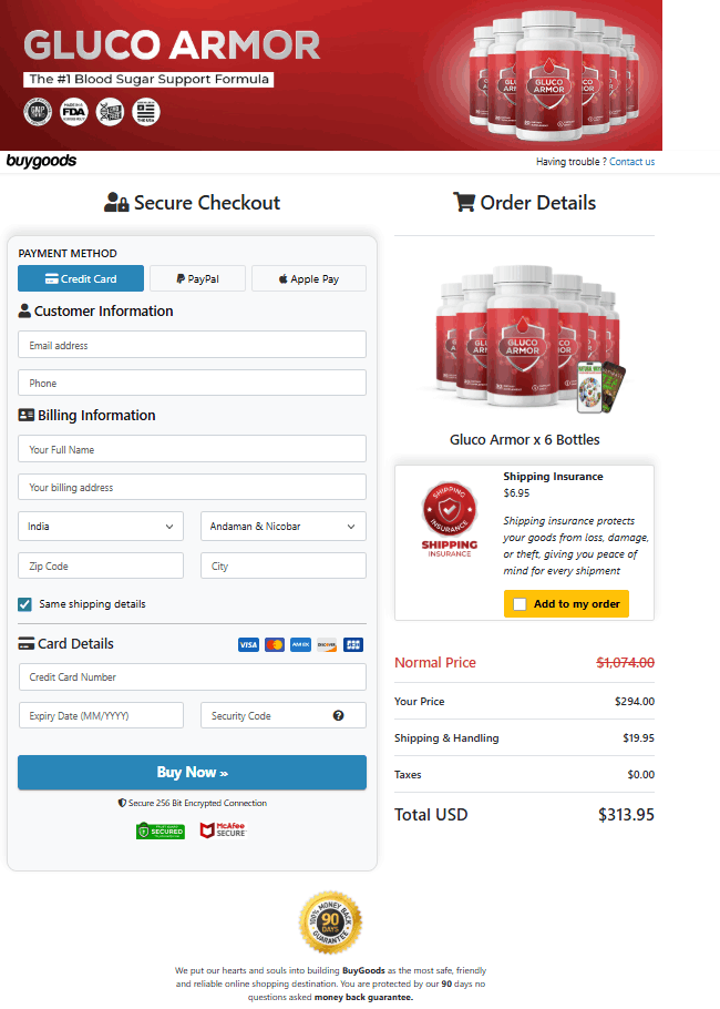 Gluco Armor Checkout page